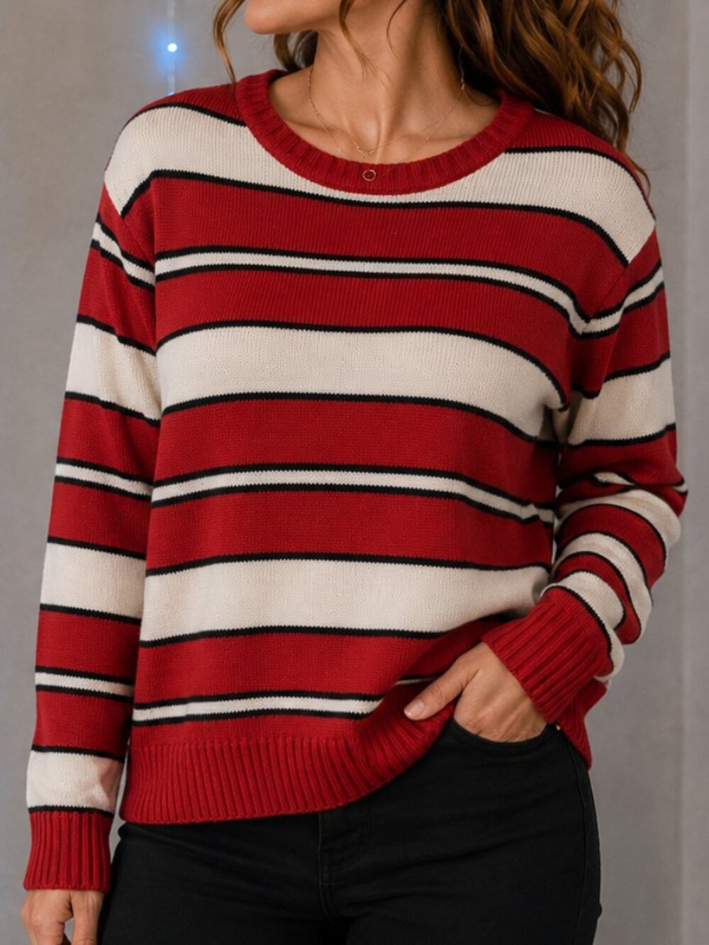 Royal Testimony Striped Knit Sweater Red Cream Black Size Large